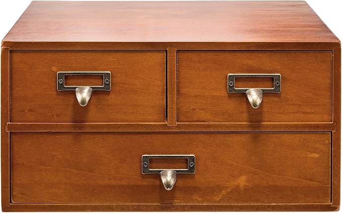 Vintage Desktop Apothecary Cabinet with 3 Drawers - Solid Wood Medicine Cabinet for Tabletop - Rustic Card Catalog Drawers with Label Holders - Desktop Chest Drawer for Storage and Organization