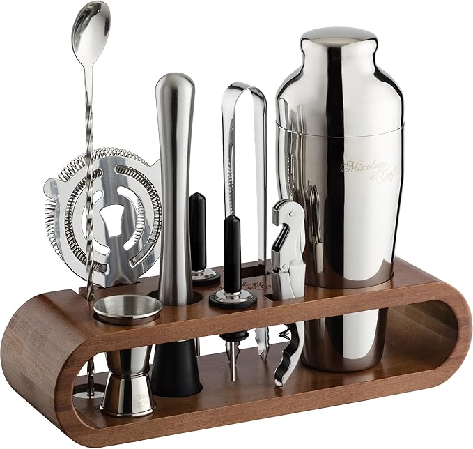 Mixology & Craft Cocktail Shaker Set with Dark Bamboo Stand - Professional 18oz 10-Piece Bartender Kit - Complete Bar Set & Cocktail Mixer Kit for Home (Silver)