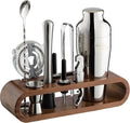 Mixology & Craft Cocktail Shaker Set with Dark Bamboo Stand - Professional 18oz 10-Piece Bartender Kit - Complete Bar Set & Cocktail Mixer Kit for Home (Silver)