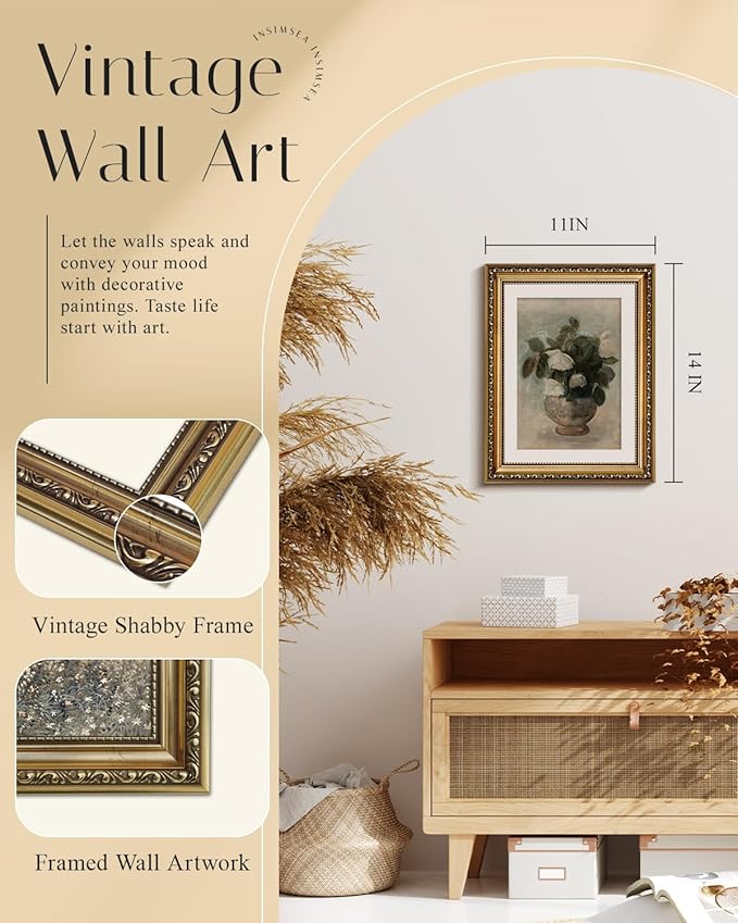 InSimSea Retro Gold Framed Wall Art, Home Room Rose Flower Vintage Wall Decor, Canvas Print Artwork, Farmhouse Country Decor, Antique Picture Frame Floral Paintings, 11x14 Inch