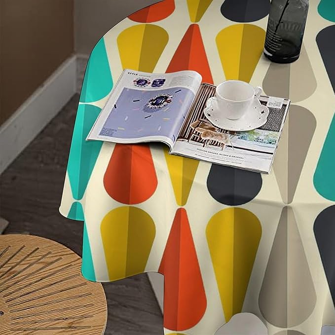 Vintage Bohemian Mid Century Round Tablecloth, Retro 50s 60s Geometric Pattern Print Tablecloth for Home Party Dining Room Kitchen Decor 36Inch(90cm)