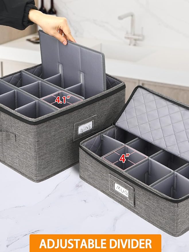 punemi 6-Piece Hard Shell China Storage Containers, Mug & Cup Organizer, Wine Glass Storage Boxes with Dividers & Carry Handles, Moving Boxes for Dinnerware, Glassware, and Stemware,Grey