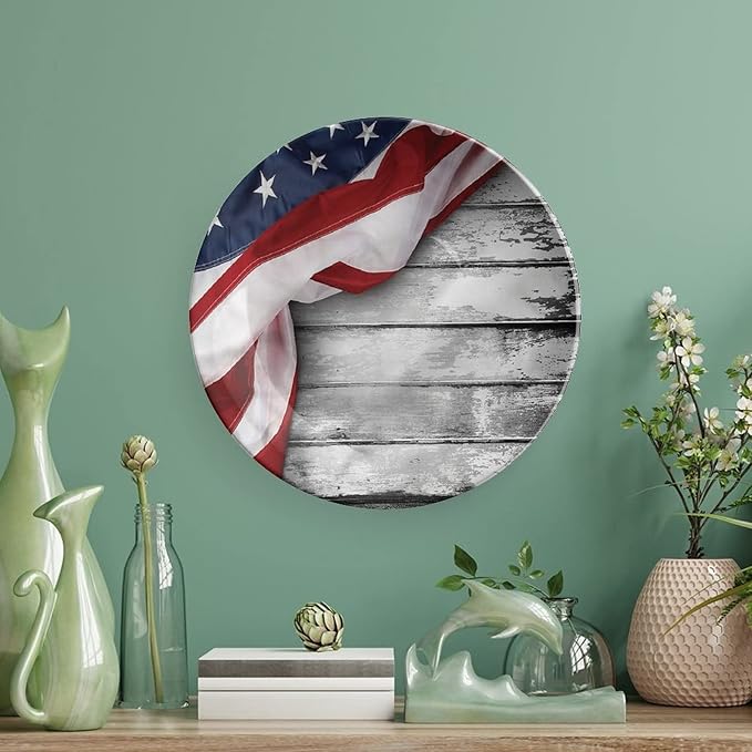 Ceramic Plates, American Flag Decorative Ceramic Plates, Flag on Wood Planks, 6 Inch, for Dining, Parties, Wedding, Multicolor