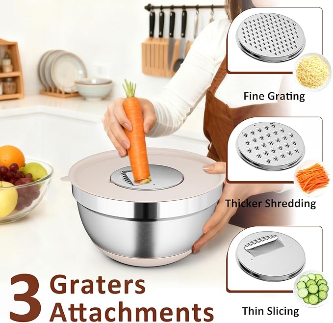 9 Pack Mixing Bowls with Airtight Lids Set, Stainless Steel Mixing Bowls with Grater Attachments, Nesting Kitchen Bowl Set with Non-Silp Bases, Size 7, 4, 3, 2, 1.5,1QT, Khaki