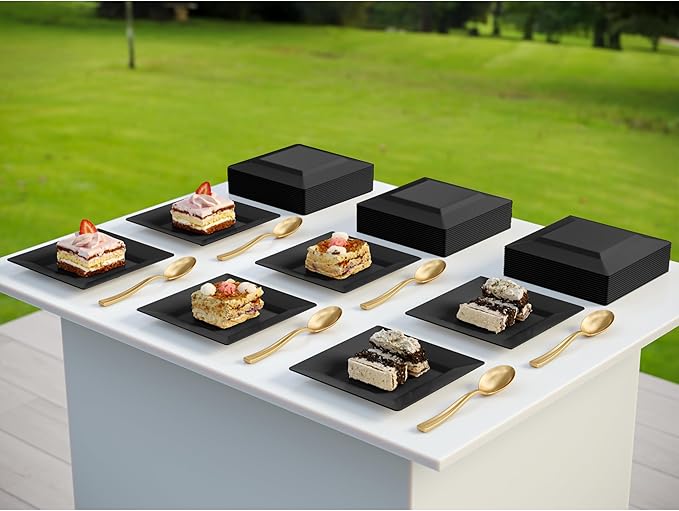Exquisite Mini Disposable Appetizer Plates - 100 Pack 4.5 In. x 4.5 In. Black Plastic Dessert Plates - Elegant Design for Weddings, Birthdays, and Formal Parties - Stackable and Convenient - BPA Free