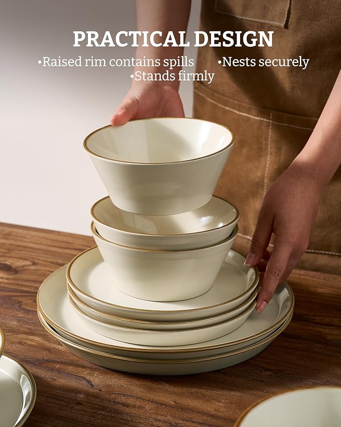 Famiware Saturn Dinnerware Sets, Plates and Bowls Sets for 4, 12 Pieces Stoneware Dish Set - Chip and Scratch Resistant, Microwave and Dishwasher Safe Tableware Set, Vanilla White with Rim