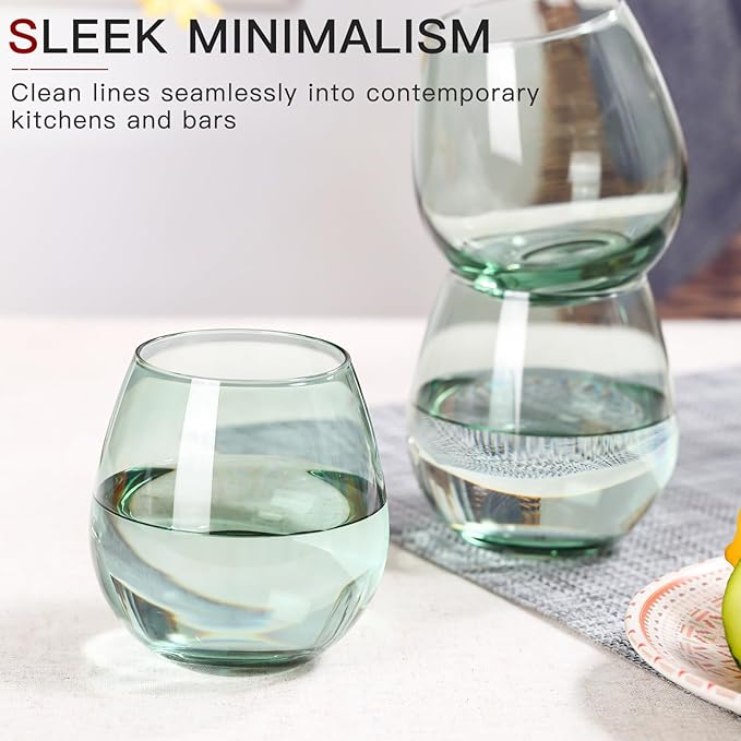 Green Stemless Wine Glasses Set of 6-15oz -Modern Hand-Blown Wine Glasses, European Design Crystal Glass For Red & White Wine, Unique Gifts for Wedding, Birthday