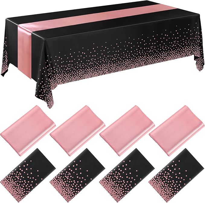 Breling 8 Pack Black and Rose Gold Disposable Plastic Tablecloths and Satin Table Runner Set, 54 x 108 Inch Tablecloth, 12 x 108 Inch Table Runners for Wedding Graduation Birthday Baby Shower New Year