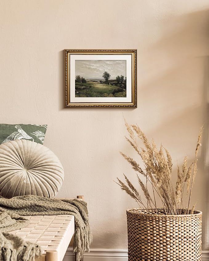 InSimSea Gold Picture Framed Wall Art, Living Room Bedroom Bathroom Vintage Wild Field Valley Canvas Print Wall Decor, Home Farmhouse Decor, Antique Paintings with Frames 13x16inch