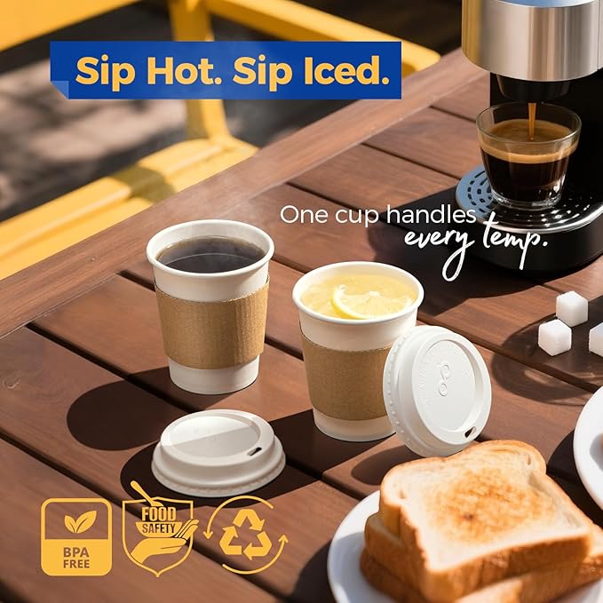 Fit Meal Prep 50 Pack 8 oz Disposable Coffee Cups with Lids, Sleeves, Leak-Proof To Go Coffee Cups with Lids, Durable Hot Paper Cups for Home, Office, Party, Business