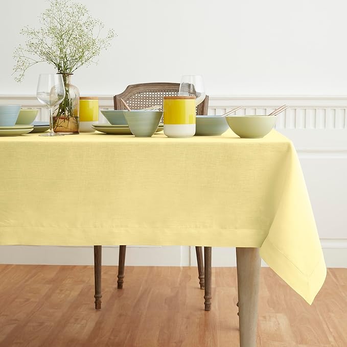 Solino Home Yellow Linen Tablecloth 60 x 132 Inch - 100% Pure Linen Table Cloth for Rectangle Tables - Fete, Machine Washable Tablecloth for Spring, Easter