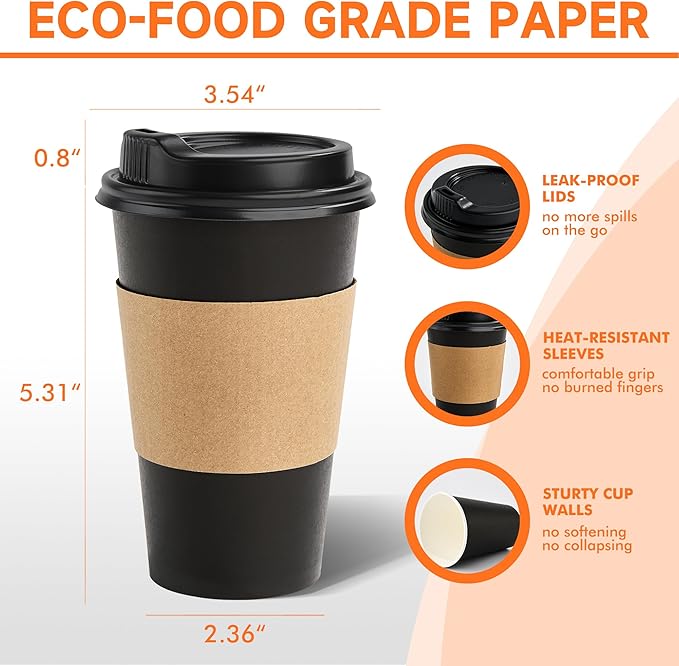 50 Pack 16 oz Disposable Coffee Cups with Lids and Sleeves, Sturdy Paper Cups for Hot/Cold Drinks, Leak-Proof To Go Coffee Cups with Lids for Home, Café, Events, Office, Black