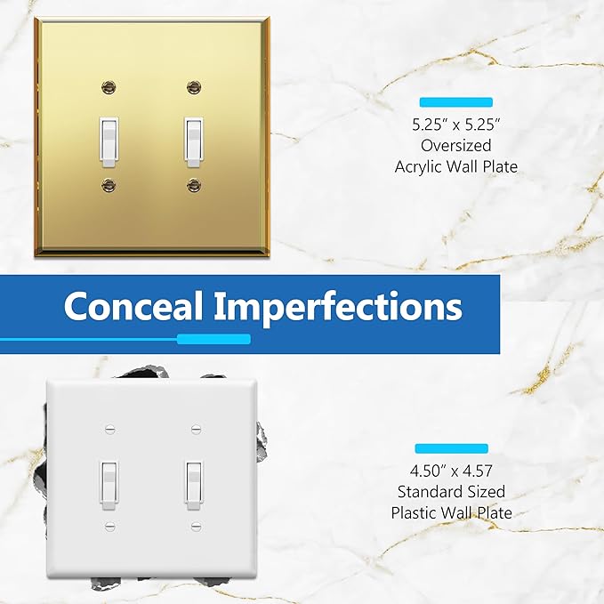 LIDER Reflective Acrylic Toggle Switch Wall Plate, Mirrored Double Light Switch Cover, Plexiglass Cover Plate, Acrylic Glass, Oversized 2-Gang 5.25" x 5.25", LWP-12O-AGD5P, Gold, 5 Pack