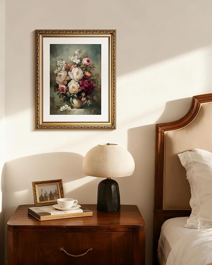 InSimSea Gold Picture Framed Wall Art, Living Room Vintage Moody Flower in Vase Wall Decor, Still Life Floral Canvas Print Art, Home Farmhouse Decor, Antique Paintings with Frame 13x16inch