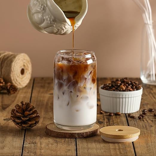 VITEVER [ 20pcs Set ] Glass Cups with Bamboo Lids and Glass Straw - Beer Shaped 16 oz Iced Coffee Drinking Glasses, Cute Tumbler Cup for Smoothie, Boba Tea, Whiskey, Water