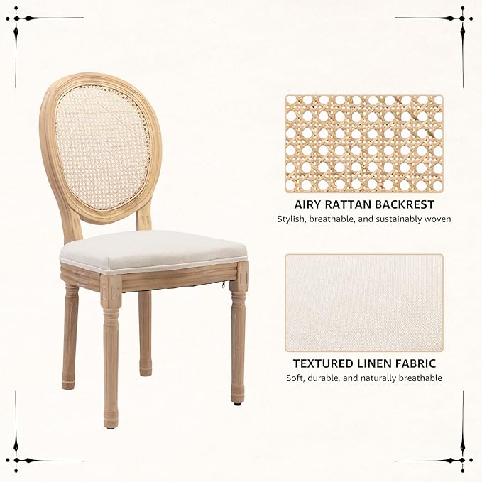 Vintage French Rattan Dining Chairs Set of 8, Solid Wood Frame with Round Rattan Back and Linen Upholstered Seat, Farmhouse Accent Sillas de Comedor Side Chairs for Dining Room & Kitchen, Beige