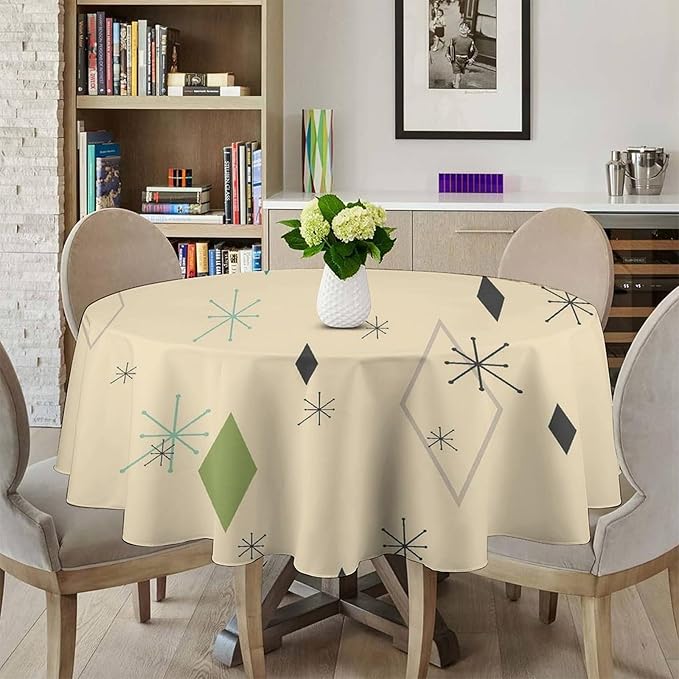 Colorful Middle Century Round Tablecloth, Vintage Bohemian Mid Century Modern Retro Print Tablecloth for Home Party Dining Room Kitchen Decor 60Inch(152cm)