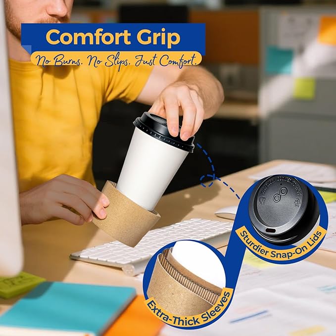 Fit Meal Prep 50 Pack 12 oz Disposable Coffee Cups with Lids, Sleeves, Leak-Proof To Go Coffee Cups with Lids, Durable Paper Cups for Hot Beverage, Home, Office, Party