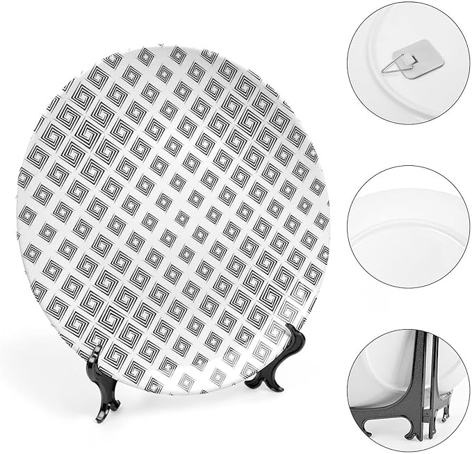 Decorative Plates, Abstract Print Ornament, Minimalist Geometric Diamond Shaped Square Lines, 10 Inch, 1 Plate with 1 Display Stand, Black White