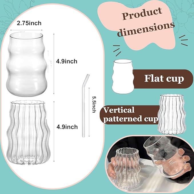 2 Pcs Ribbed Glass Cups, 18 Oz Vintage Drinking Glassware with Wave Shape Design, Bubble Cups for Iced Coffee, Juice, Beverage, Milk, Cocktails, Bubble Tea, and More