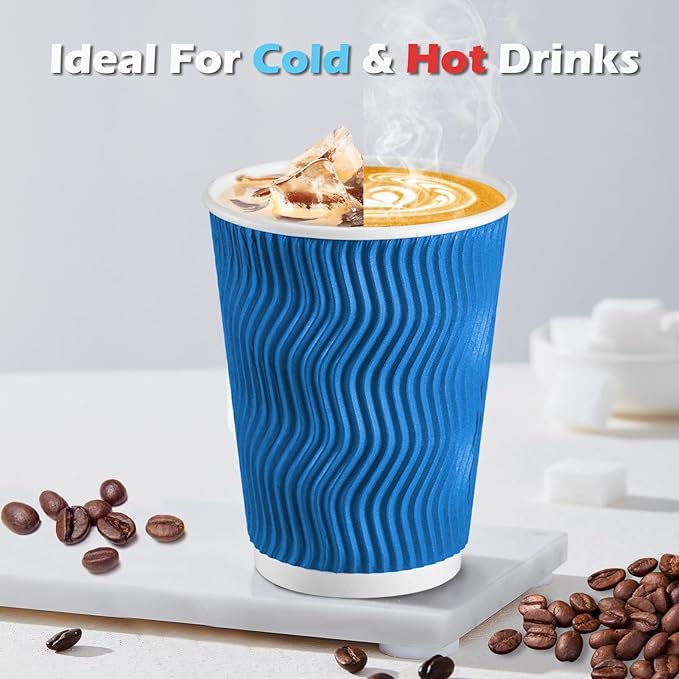Lamosi 500 Count 8 oz Insulated Coffee Cups Bulk, Disposable Paper Cups No Lids 8oz, Corrugated Ripple Wall Design for Hot Beverage (Navy)