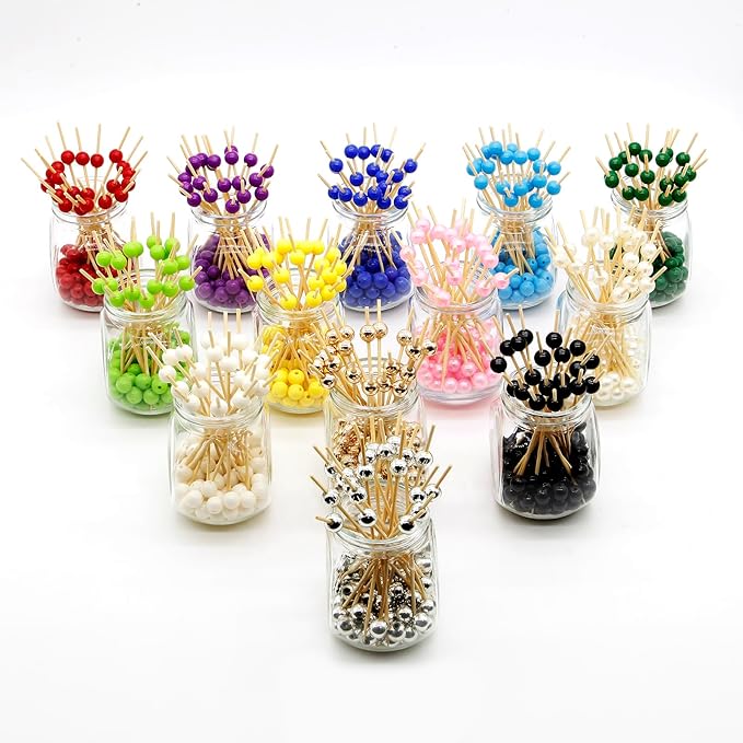Minisland Yellow Pearl Cocktail Picks, 4.7 Inch Long Bamboo Fancy Toothpicks for Appetizers, Decorative Mardi Gras Carnival Party Food Drink Garnish Fruit Kabob Skewer Sticks 100 Counts - MSL451