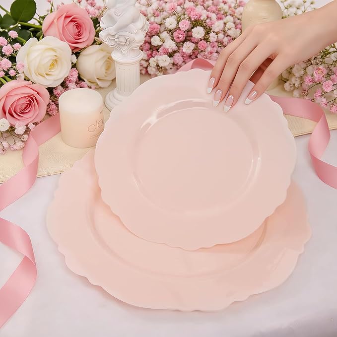 WDF 60pcs Pink Plastic Plates - Baroque Pink Disposable Plates Including 30 Dinner Plates 10.25inch, 30 Dessert Plates 7.5inch for Upscale Valentine's Day, Wedding, Parties