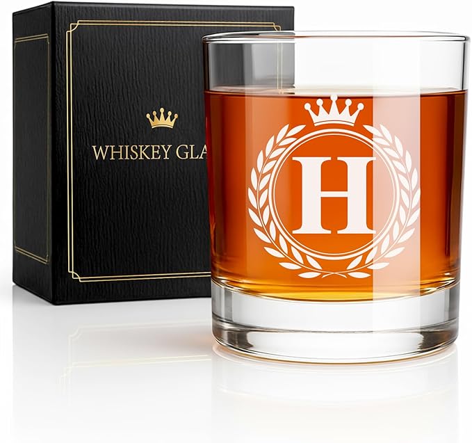Whiskey Glasses - Rocks Old Fashioned Glass Gifts for Men, Monogrammed A-Z 10oz Personalized Whisky Glasses, Christmas Birthday Gifts for Men Him Dad Father Husband Brother Son (H)