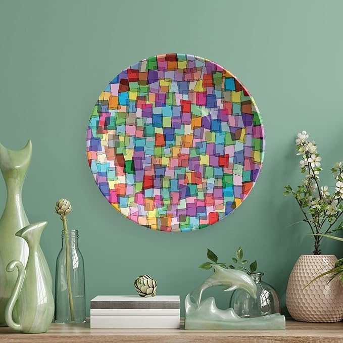 Ceramic Display Plate, Abstract Ceramic Hanging Decorative Plate, Mosaic Tile Pattern Colorful Squares Cubes, 10 Inch, Living Room Kitchen Decoration Household, Multicolor