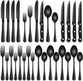 24-Piece Black Silverware Set with Steak Knives, Black Flatware Set for 4, Food-Grade Stainless Steel Tableware Cutlery Set, Mirror Finished Knife Spoon And Fork Sets for Home Restaurant
