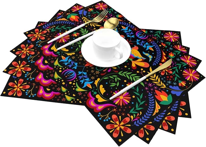 Mexican Placemats Set of 4 Linen 12"x18" Mexican Flower Decorative Kitchen Table Mats for Dining Kitchen Party Home Decor Washable Place Mats