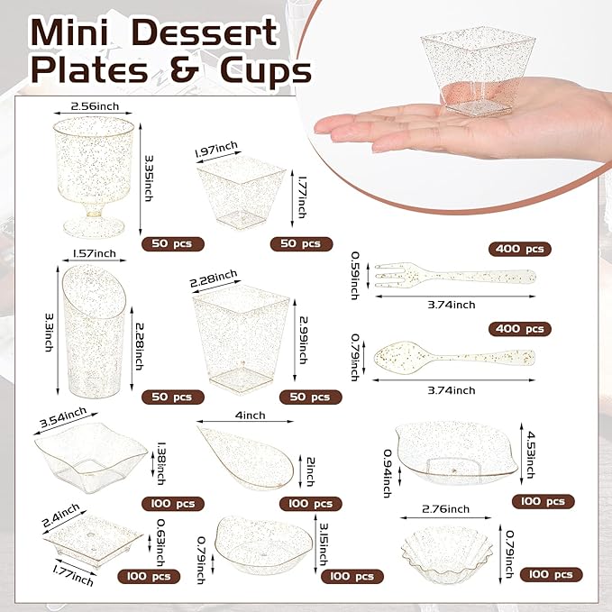 Tessco for you 1600 Pcs Mini Appetizer Plates Dessert Cups with Spoons Forks Set Assorted Shape Plastic Parfait Cups Dessert Plates Container Bowls with Disposable Spoon Fork for Party(Gold Glitter)