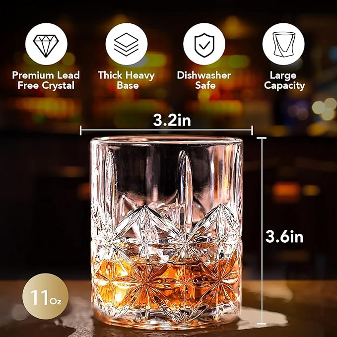 Crystal Whiskey Glass Set of 4 - Old Fashioned Bourbon Glasses, Perfect for Scotch and Cocktails (Style 1,4pcs)