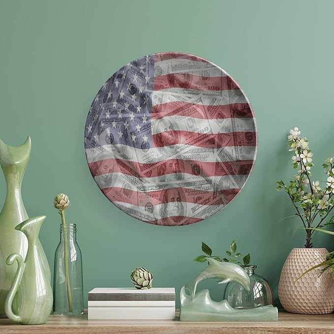 Ceramic Display Plate, American Flag Ceramic Hanging Decorative Plate, Dolar Exchange, 7 Inch, Living Room Kitchen Decoration Household, Multicolor
