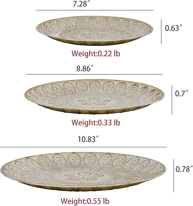 Rustic Round Decorative Tray Set of 3 Vintage Hammered Metal Trays Distressed Design Circle Candle Plate for Candle Coffee Entryway Table Kitchen Bathroom Wedding Party Counter Organizer Decor (White)
