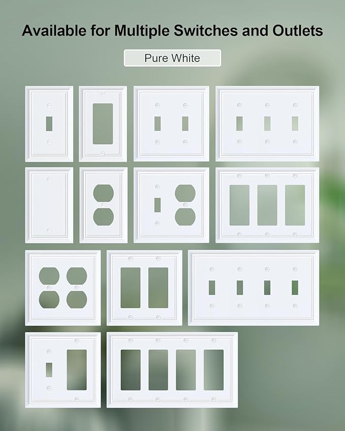 4-Pack Decorator Wall Plate Cover, Pure White Decorative Switch Plates and Outlet Covers, Durable Natural Bamboo Fiber Wall Plates for Electrical Outlets, Receptacle, GFCI Outlet, Dimmer Switch