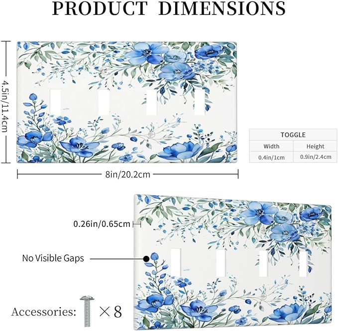 Light Switch Cover Blue Watercolor Flowers Retro Floral Leaves 4 Gang Switch Plate Quad Toggle Wall Plates Decorative Switchplate Electrical Outlet Cover for Bathroom Bedroom Decor