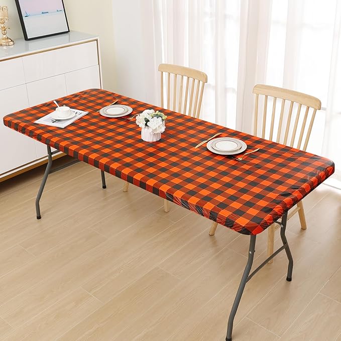 Smiry Rectangle Picnic Table Cloth, Elastic Waterproof Fitted Vinyl Tablecloths, Flannel Backed Buffalo Plaid Table Covers for Dining, Camping, Outdoor (Black and Orange, 30" x 96")