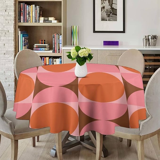 Mid Century Round Tablecloth, Abstract Retro 50s 60s Style Geometric Print Tablecloth for Home Party Dining Room Kitchen Decorm 60Inch(152cm)