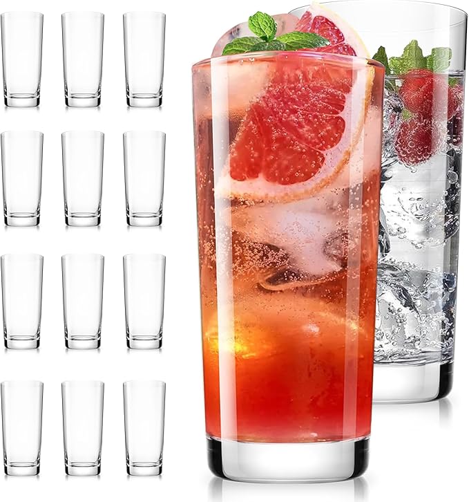 LUNA & MANTHA Drinking Highball Glasses Set of 12, Water Glasses 16 oz, Wide Mouth Design Lead-Free Crystal Glassware, Tall Glass Cups for Mojito and Tom Collins, Cocktail