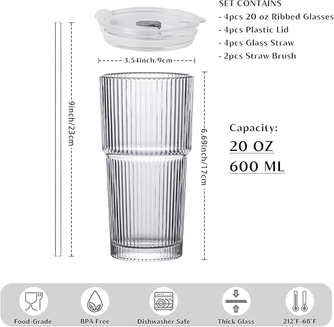 INSETLAN 20 oz Ribbed Glass Tumblers with Lids and Glass Straws – 4-Piece Glassware Set, Thickened Wall, Ideal for Iced Coffee, Smoothies, Cocktails, and Juices – Elegant and Durable Drinkware