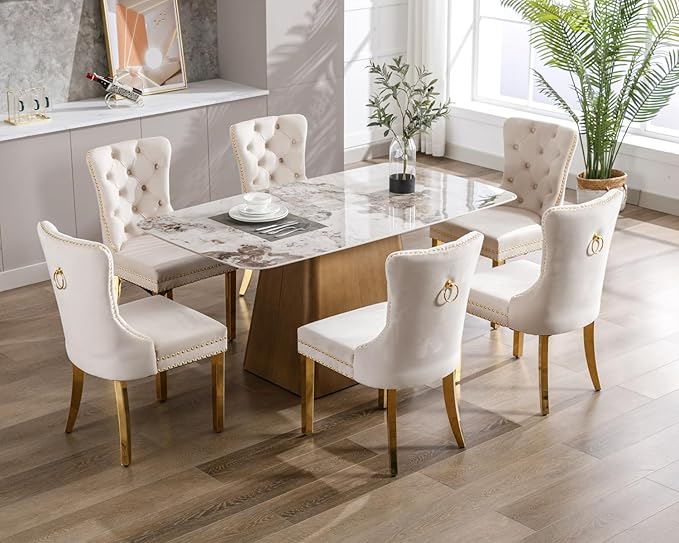 KCC Velvet Dining Chairs Set of 4, Upholstered High-end Tufted Dining Chair with Nailhead Back Ring Pull Trim Stainless Steel Legs, Contemporary Nikki Collection Modern Style for Kitchen, Beige