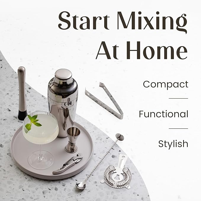 Mixology & Craft Cocktail Shaker Set with Bamboo Stand - Professional 18oz 10-Piece Bartender Kit - Complete Bar Set & Cocktail Mixer Kit for Home (Silver)
