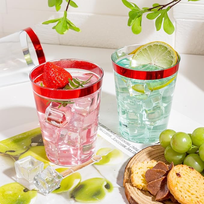 DaYammi 100 Pack Red Plastic Cups 10 Oz Clear Red Rimmed Plastic Cups for Party Fancy Disposable Cup for Wedding Disposable Glasses Clear Tumblers with red Rim for Party Elegant Wine Cocktail Cup
