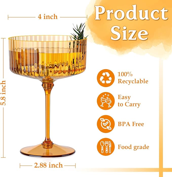 12 PCS Ribbed Coupe Glasses Amber Plastic Champagne Coupe Cup 10oz Detachable Gold Rim Espresso Martini Glass Vintage Margarita Glassware Cocktail Glass Disposable for Thanksgiving Wedding