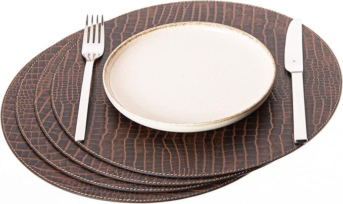 Nikalaz Round Placemats Set (Pack of 4) Recycled Leather Table Mats 15 inches, Kitchen Dining Table Decor by Nikalaz (Crockodile)