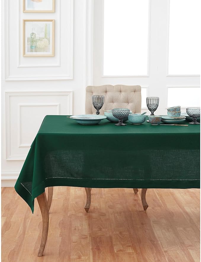 Solino Home Linen Tablecloth for Rectangle Tables 54 x 72 Inch - Classic Hemstitch 100% Pure Linen Rainforest Green Table Cloth - Machine Washable Cloth Tablecloth for St Patricks Day