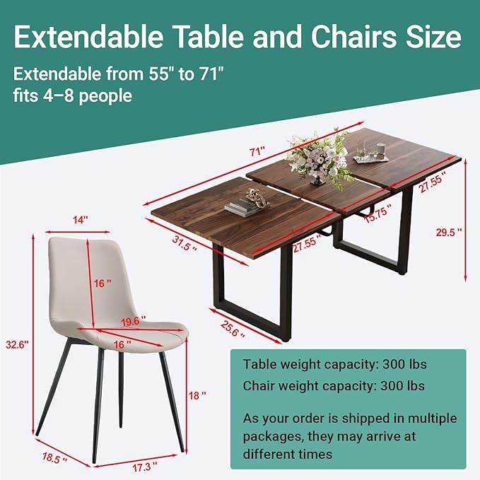 Extendable Dining Table Set for 8, 55"–71" Modern Wood Kitchen Table with 8 Upholstered Chairs, Space-Saving for Living Room Apartment, Sturdy & Comfortable, Easy Assembly