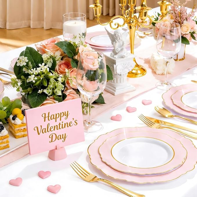 WDF 60pcs Pink Dessert Plates - 7.5inch Baroque Pink &White Disposable Dessert/Appetizer Small Cute Cake Plates for Upscale Parties &Wedding-Special for Baby Shower, Brithday, Valentine's Day