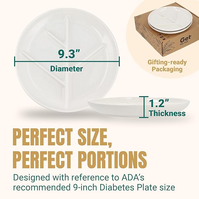 GetTheFad Portion Control Plate (Porcelain) Set of 2, 9.3 Inch Divided Portion Plates for Weight Loss Adults, Divided Dinner Plates for Adults, Healthy plates for adults, My plate for Weight Watchers